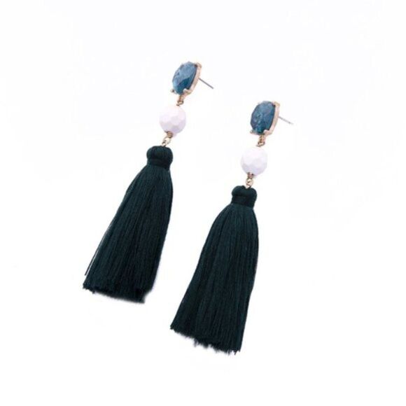 Blue White Rhinestone Tassel Fringe Vintage Gold Dangle Statement Earrings - Picture 2 of 8